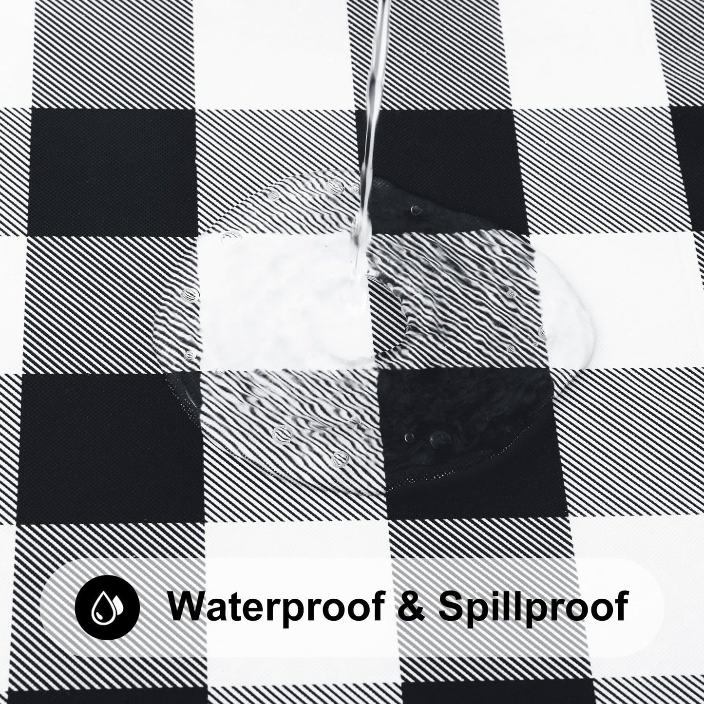 Smiry Round Picnic Tablecloth, Elastic Waterproof Fitted Vinyl Tablecloths for 36"-44" Tables, Flannel Backed Buffalo Plaid Table Cover for Dining, Camping, Outdoor, Black and White