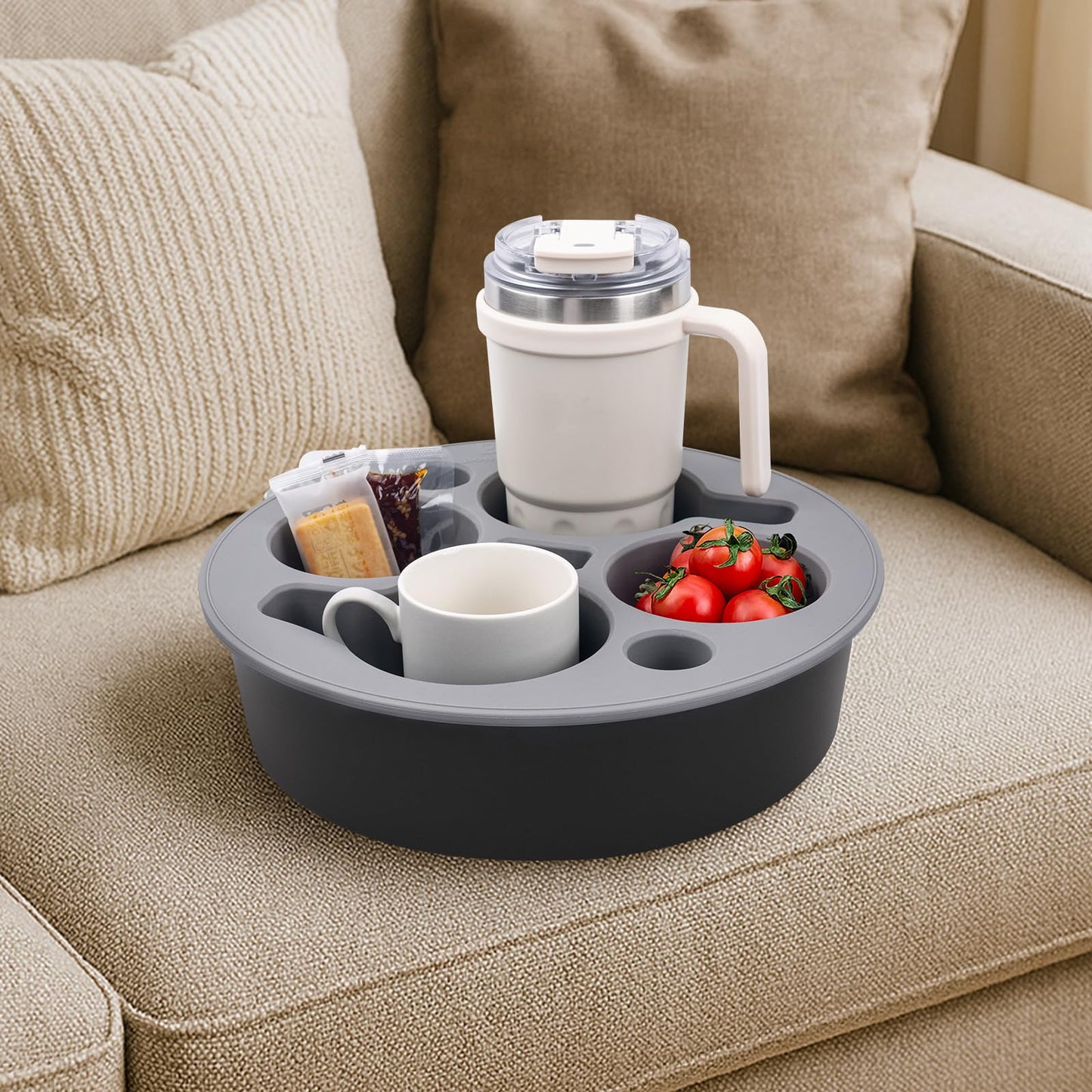 Couch Cup Holder Tray Round, Bonfixe 4-Cups Bedside Drink Holder for Elderly/Pregnancy, Stable Non-Spill Silicone Couch Caddy for Remote Control, Glasses‌, Snacks, Phones‌ (Black)