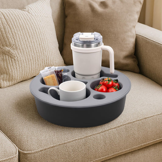 Couch Cup Holder Tray Round, Bonfixe 4-Cups Bedside Drink Holder for Elderly/Pregnancy, Stable Non-Spill Silicone Couch Caddy for Remote Control, Glasses‌, Snacks, Phones‌ (Black)