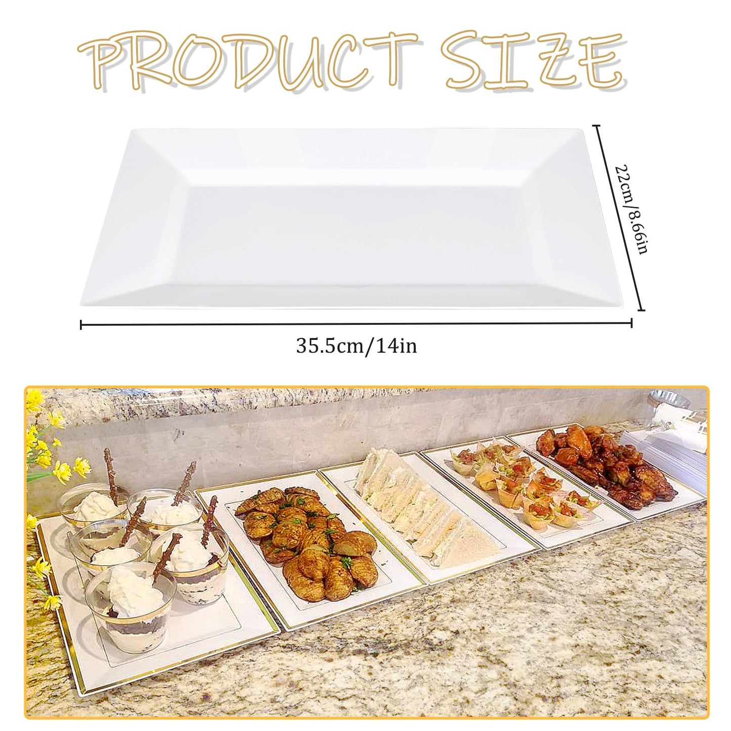 Mwellewm 12 Pcs White Plastic Serving Trays, 14''x9'' Rectangle Dessert Trays for Dessert Table, Party Food Display Set Disposable Platters Cookie Cupcake Gold Serving Tray for Birthday Party Wedding