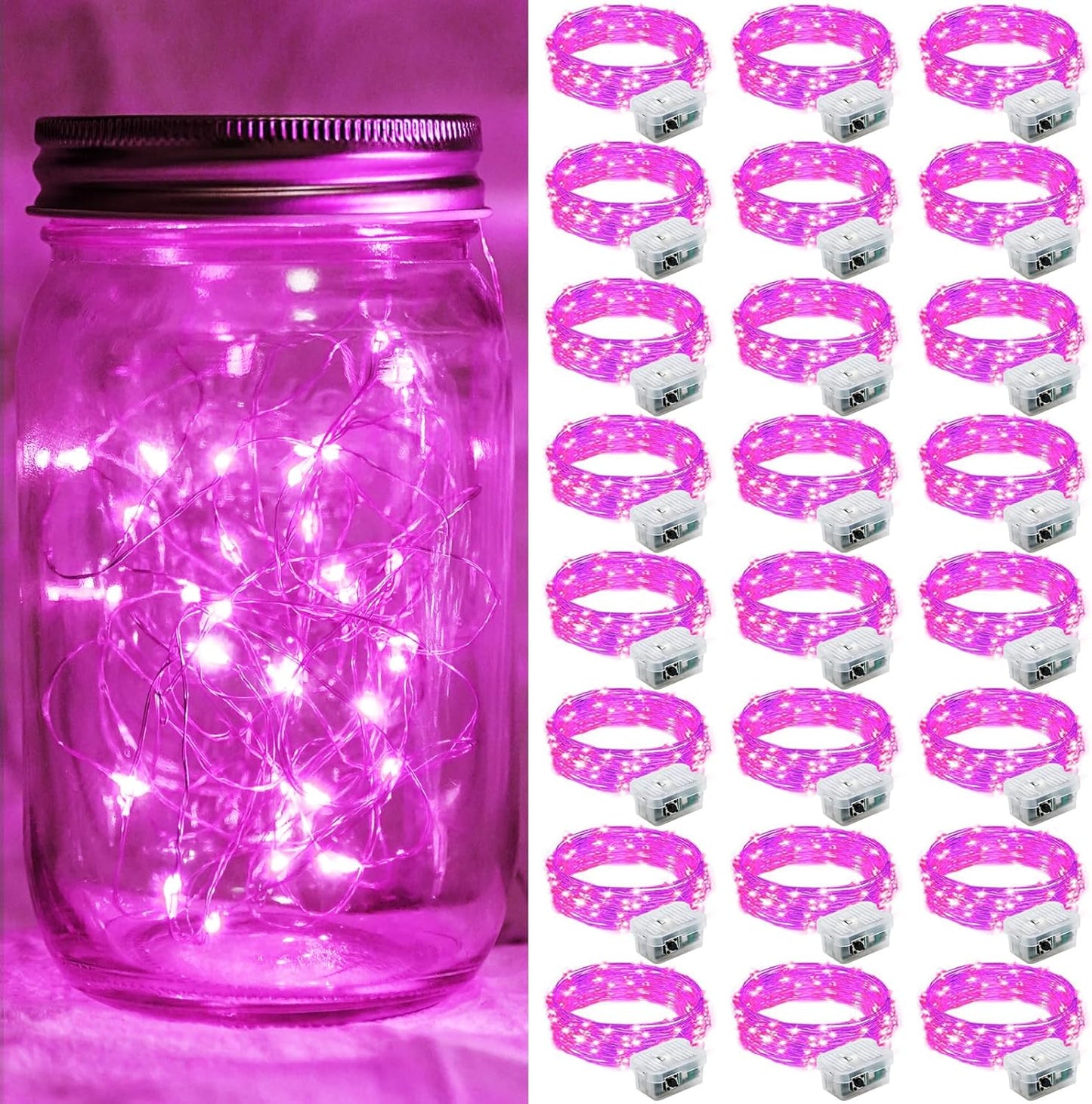 Skiennix 24 Pack Pink Fairy Lights - 7Ft 20 LED Twinkle String Lights | Battery Operated & Waterproof for Parties, Weddings, and Decor