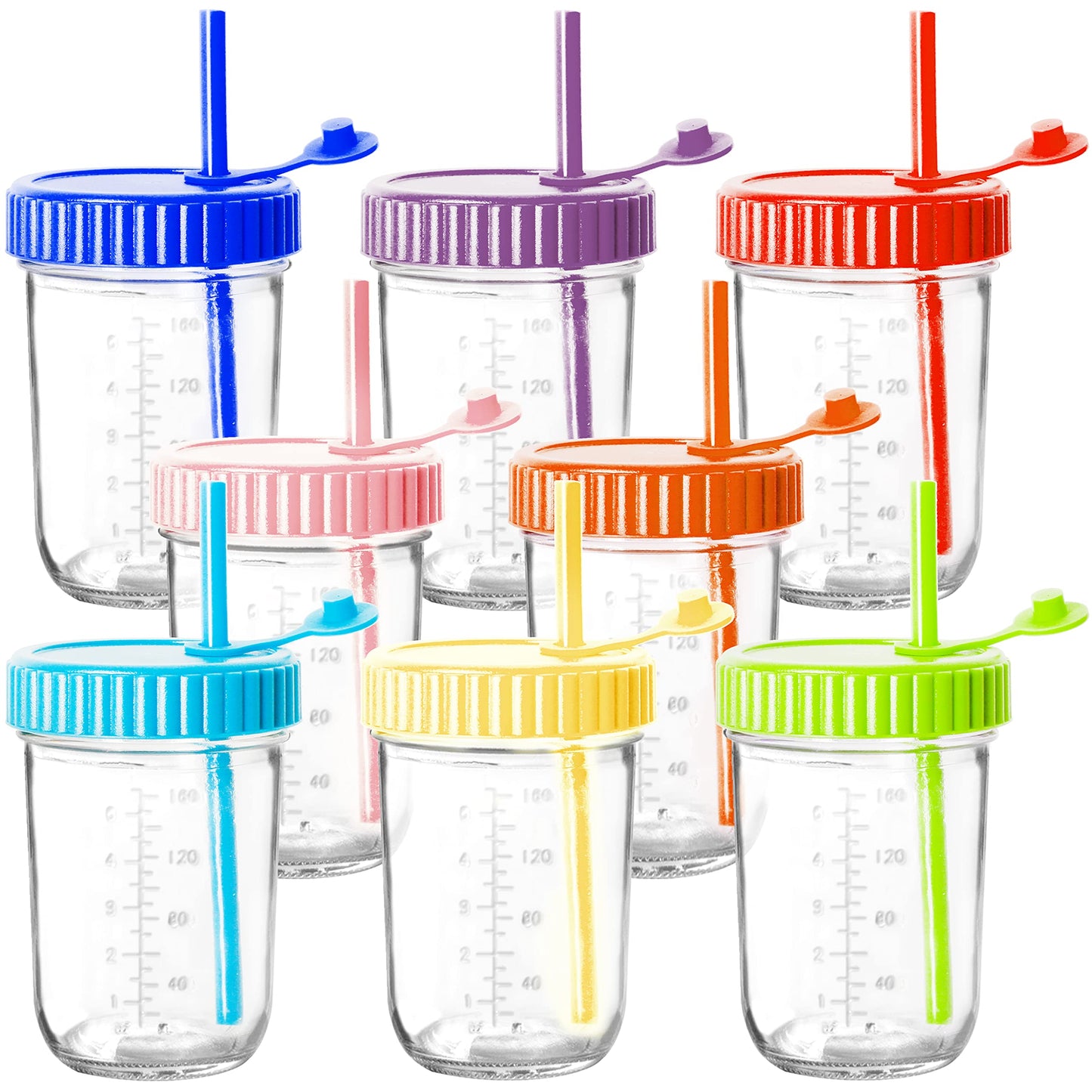 Youngever 8 Pack Glass Jars with Straws, 8 Ounce Glass Cups with Airtight Lids (8 Rainbow Colors)