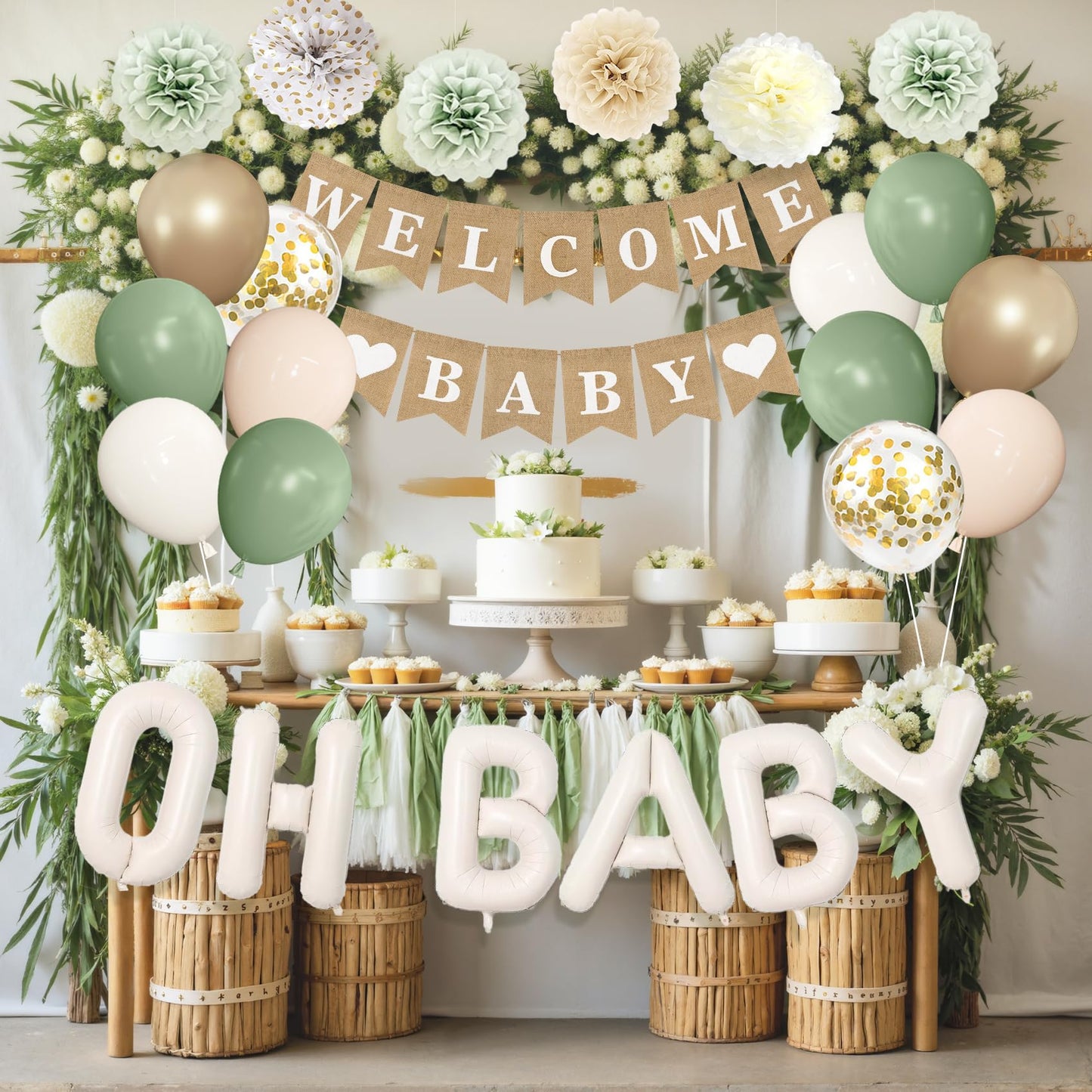 Ouddy Party Sage Green Baby Shower Decorations for Baby, Green Balloons with WELCOME BABY Banner Fringe Curtains Foil Balloons Paper Flower for Boho Baby Shower Birthday Gender Reveal Party Supplies