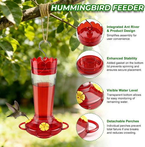 Hummingbird Feeders - 14 Oz Outdoor Set of 2 with 4 Bee Guard Ports & Ant Moat | Perfect Garden Decor