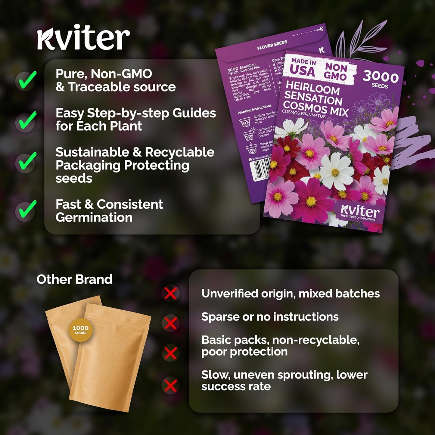 KVITER 3000 Cosmos Seeds - Tall Mix of Non-GMO Annual Flowers for Outdoor Gardens | Butterfly Favorite