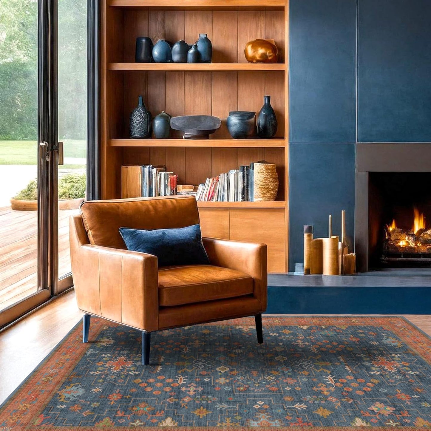 Skiennix Washable 4x6 Area Rug - Stain Resistant Non-Slip Design for Living Room & Kitchen | Navy Blue