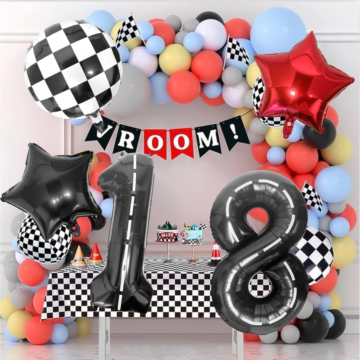 Race Car 8 Balloons 40 Inch Racetrack Number 8 Balloon, Road Balloon Checkered Balloons Star Balloons Large Black Racing Car 8 Balloon for Race Car Truck Tire Theme Boys 8th Birthday Party Supplies
