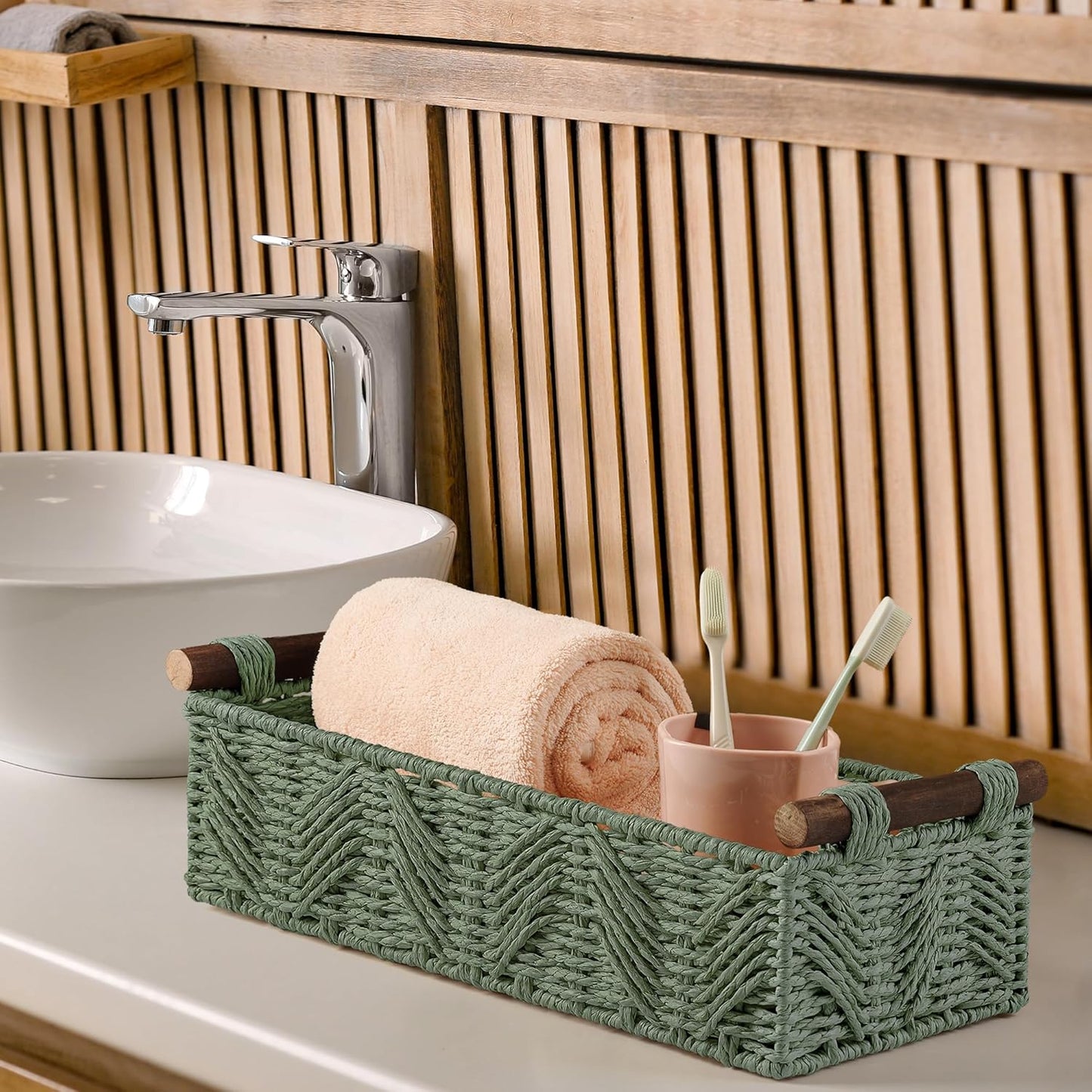 Skiennix Bathroom Baskets - Decorative Organizing Storage with Handle | Green Countertop Set