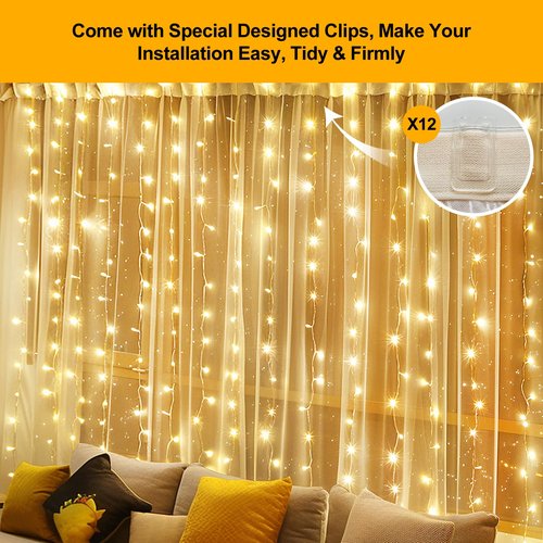 HOLITS 200 LED Fairy Curtain Lights, 6.6 x 6.6 FT Warm White USB Plug in 8 Modes Hanging Lights with Remote for Christmas, Bedroom, Indoor, Outdoor, Weddings, Party (Warm White)