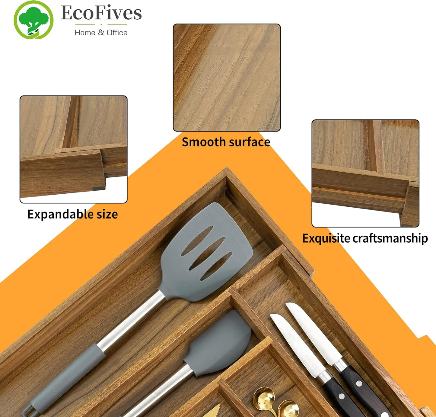 Luxury Acacia Kitchen Drawer Organizer - 8-Slot Silverware and Utensil Holder with Grooved Dividers | 17 x 12.4 x 2 Inch