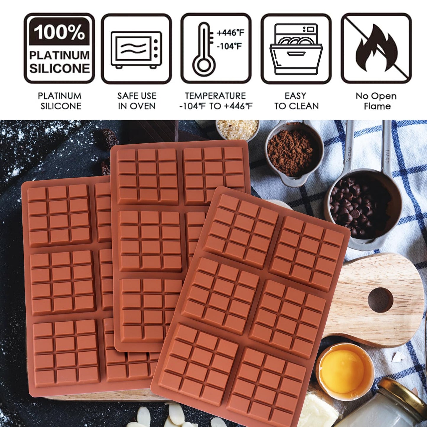 Palksky Chocolate Bar Mold Deep, 3Pcs Square Thick Chocolate Bar Mold Silicone, Stuffed Candy Bar Mold