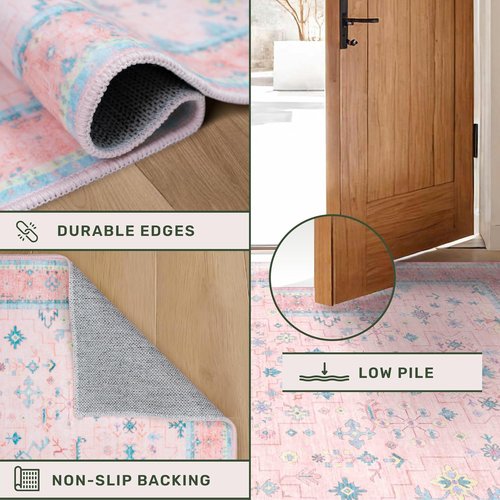 **Skiennix Oushak Rugs - Washable Pink & Blue Floral Design | Soft Faux Wool, 8x10 Size for Bedrooms & Living Rooms**