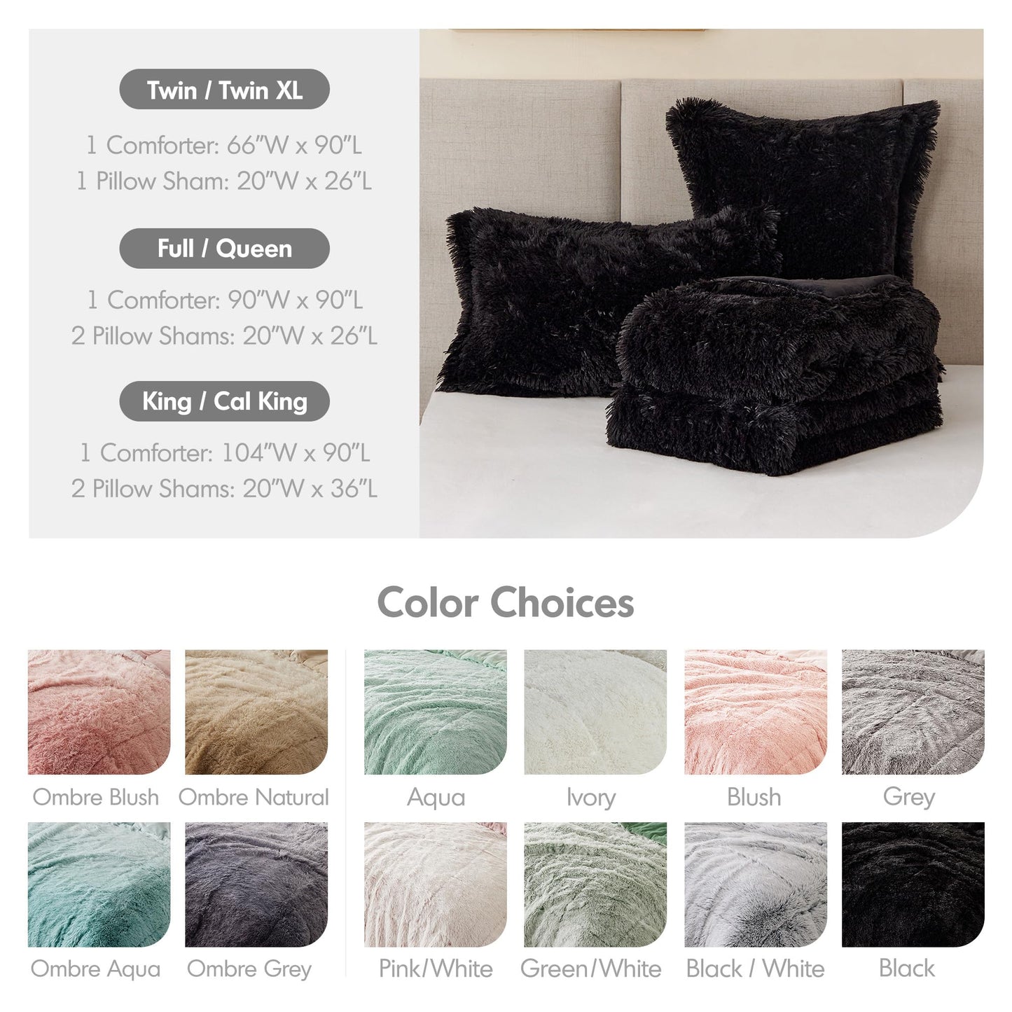 Intelligent Design Malea Shaggy Comforter Set, Long Faux Fur Cozy Down Alternative, Modern Casual Ultra Soft All Season Fluffy Bedding with Matching Sham,Twin/Twin XL, Black 2 Piece