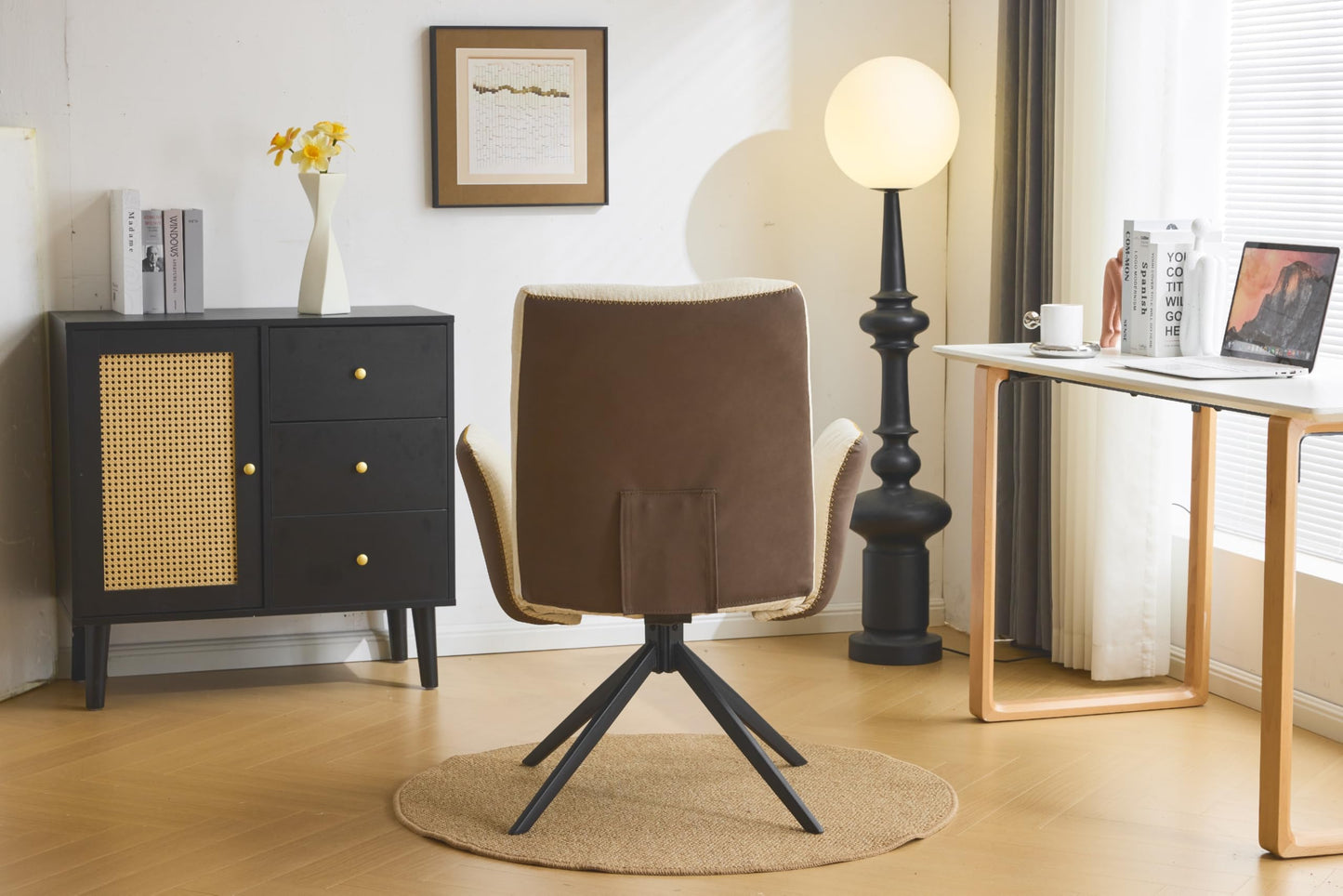 VINGLI Beige Chenille Office Desk Chair No Wheels,Comfy Modern Swivel Padded Arm Chair with Back&Lumbar Pillow,for Home,Makeup Vanity,Computer,Task,Nail Tech,Sewing,Dining,Bedroom,Living Room