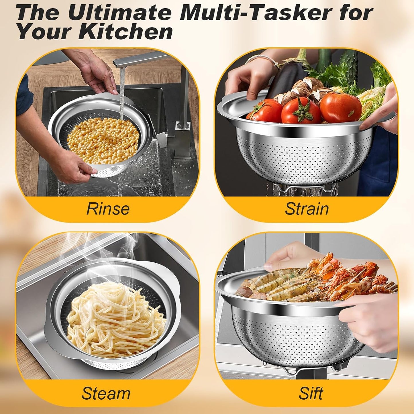 Stainless Steel Colander Set by [Brand Name] - 3-Piece Kitchen Strainer with Handles | Perfect for Pasta, Vegetables & Fruits (2QT, 3QT, 5QT)