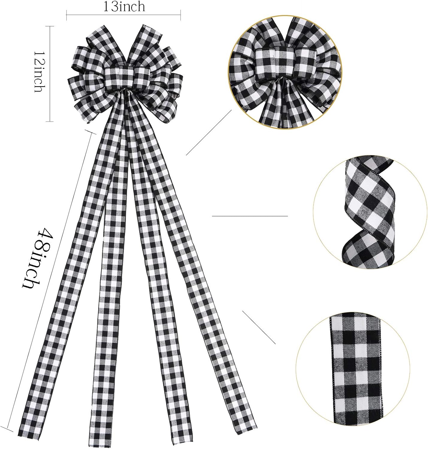Regine Switzerland Christmas Tree Topper - Large Black and White Plaid Bow | 48x13 Inches Decorative Accent