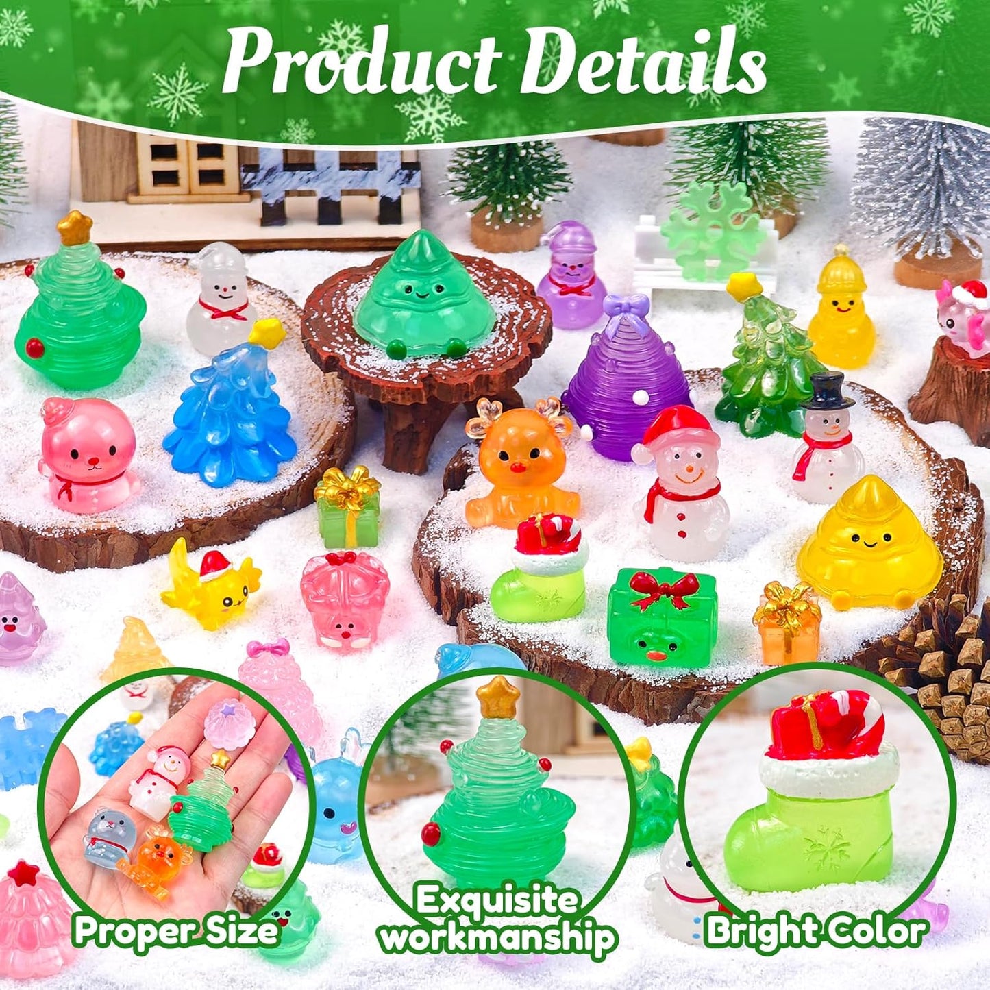 Skiennix 52 Pcs Luminous Mini Christmas Figurines - Glow in The Dark Resin Snowman Set for Holiday Decor