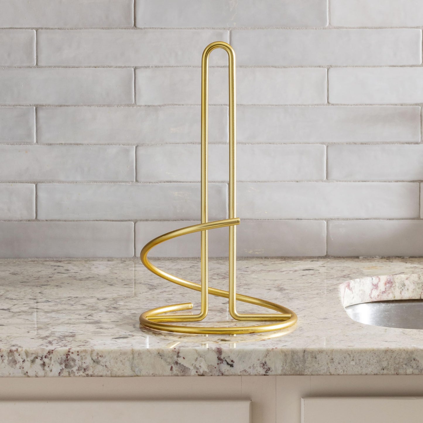 Spectrum Euro Gold Paper Towel Holder Countertop Kitchen Organizer Roll Stand Dispenser with Easy Tear Arm, Weighted Sturdy Base Fits Standard Jumbo Rolls Modern Design Durable Construction