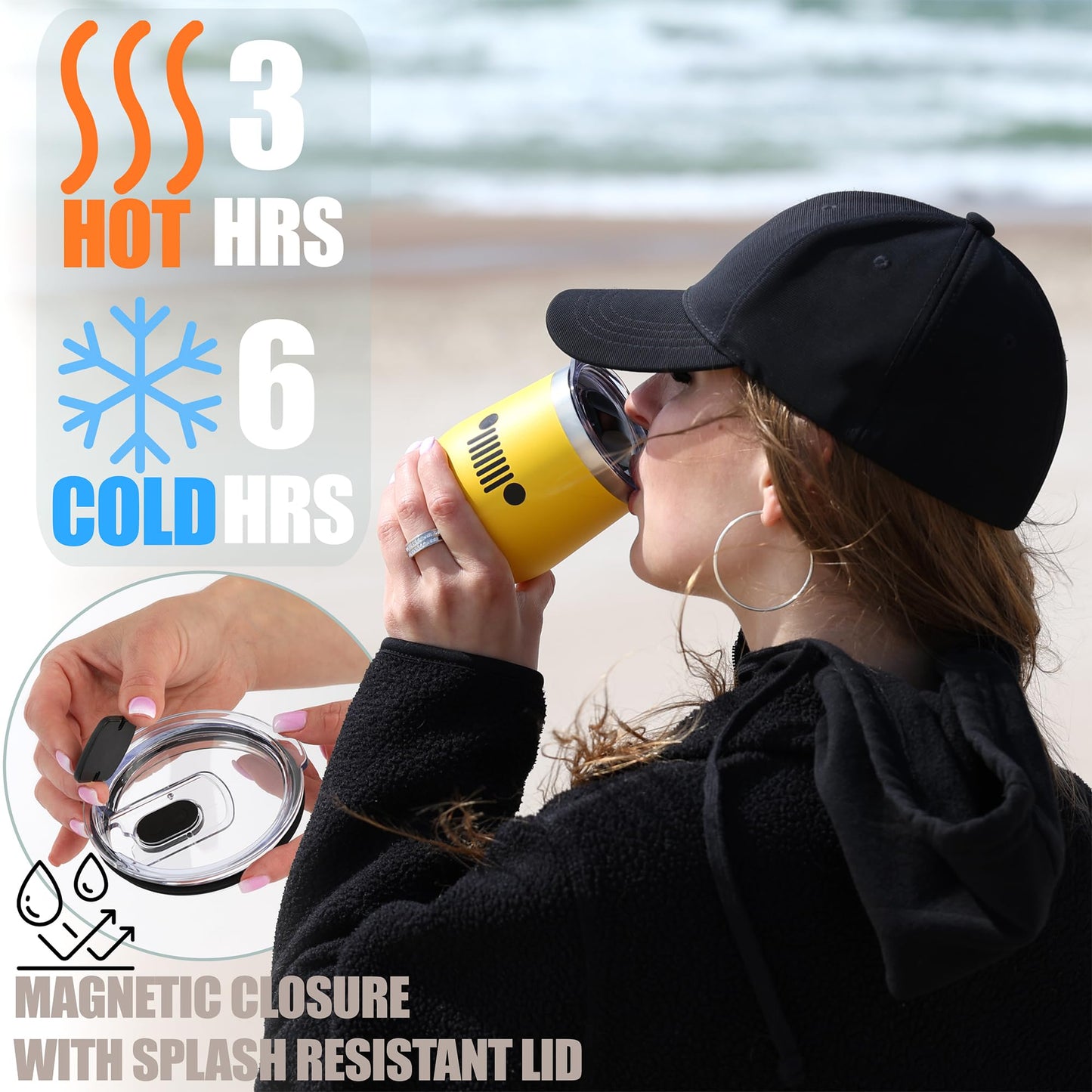 Jeep Insulated Wine Tumbler 12 oz - Double Wall Stainless Steel Thermal Tumbler with Copper Vacuum Insulation, Push-On Lid (Yellow)