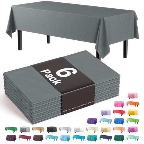 Exquisite Party Solids 6-Pack Premium Plastic Tablecloth 54in. x 108in. Rectangle Plastic Table Cover - Silver