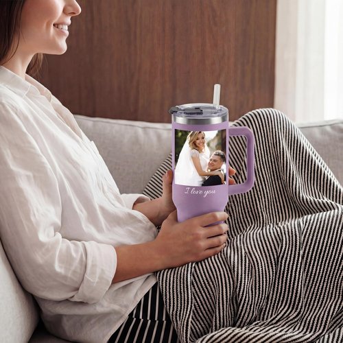 Custom 40 oz Tumbler with Picture & Name, Personalized Insulated Stainless Steel Tumbler with Handle and Straw, Bridesmaid Graduation Mother's Day Father's Day Anniversary Birthday Wedding Gift