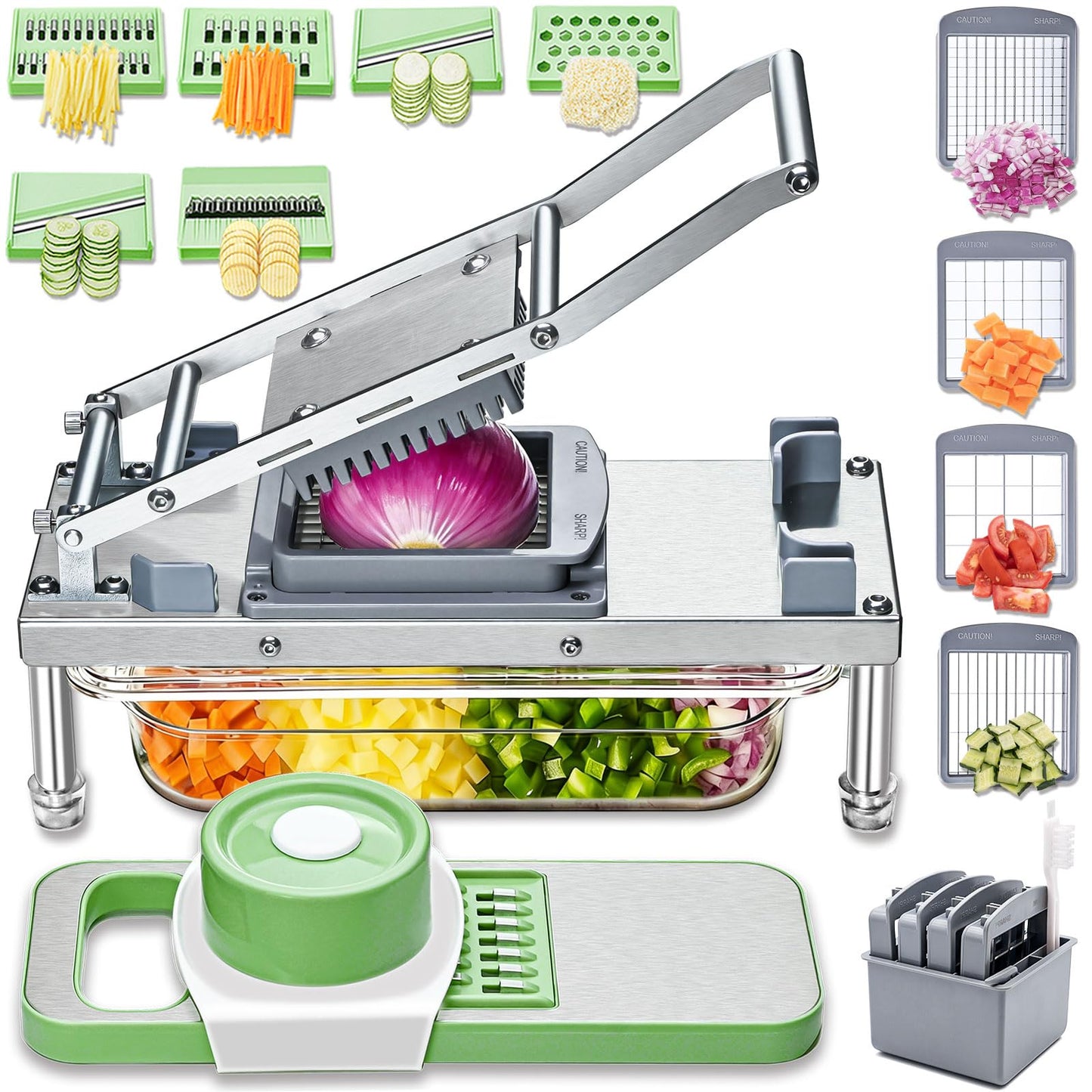 Stainless Steel Vegetable Chopper with 10 Blades - Mandoline Slicer-Pro Food Chopper with Container - Veggie Salad Onion Chopper - Potato Dicer - Tomato Cutter - Cheese Grater