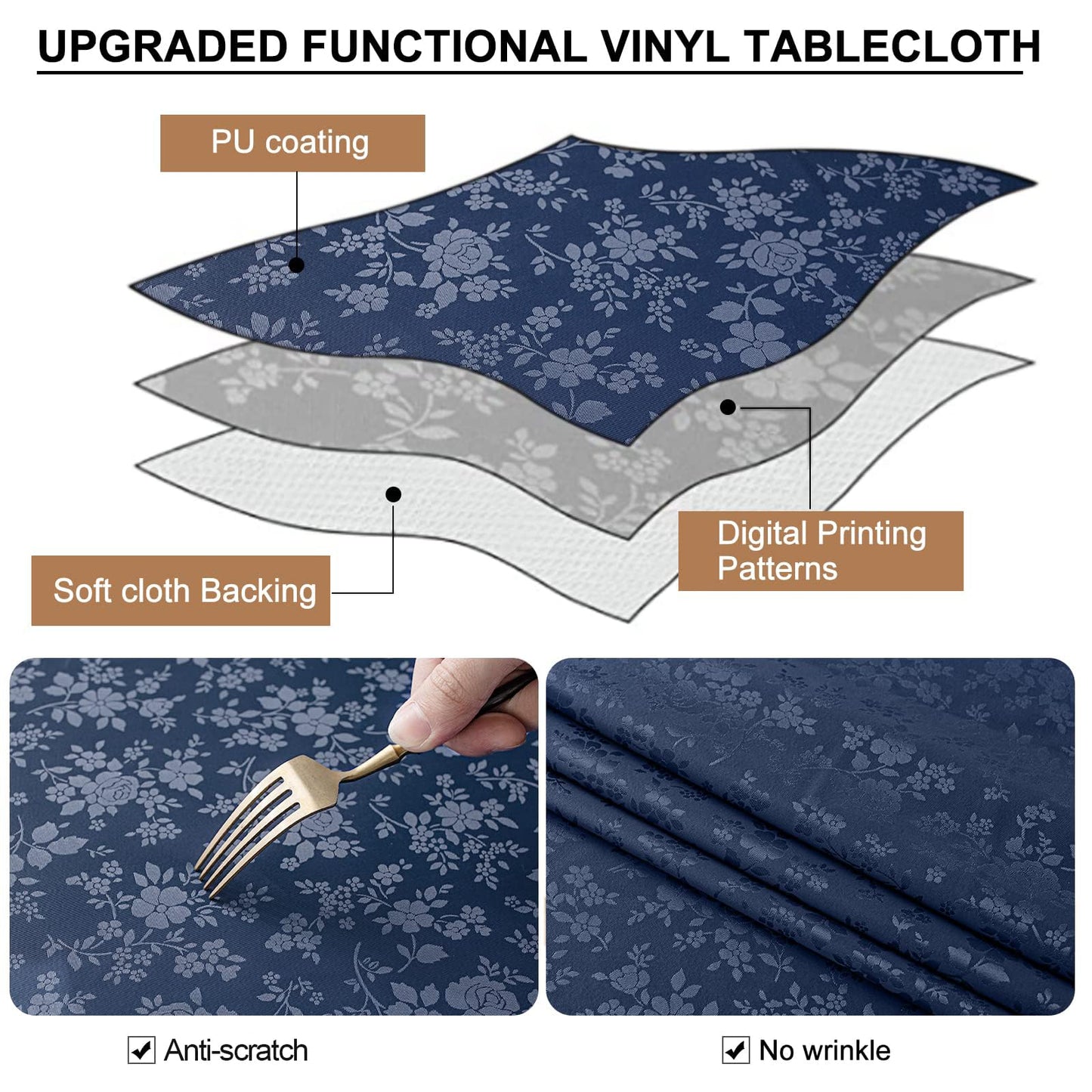 Smiry Rectangle Table Cloth, Waterproof Heavy Duty Vinyl Tablecloths, Wipeable Washable Table Cover for Kitchen and Dining Room (Navy Blue, 60" X 120")