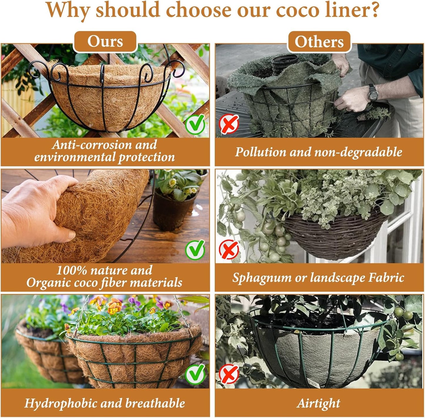 Legigo 16-Inch Coco Fiber Hanging Basket Liners - 100% Natural Replacement for Flowers & Vegetables