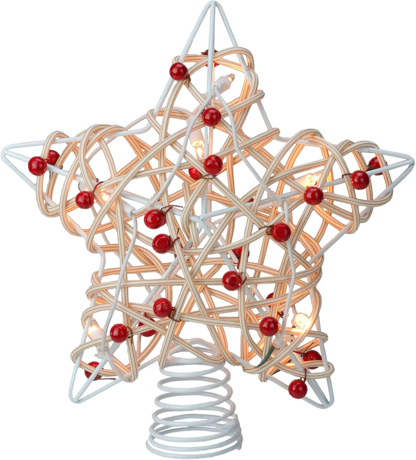 Lighted Birch Holly Berry Rattan Star Christmas Tree Topper - 11 Inch UL4295