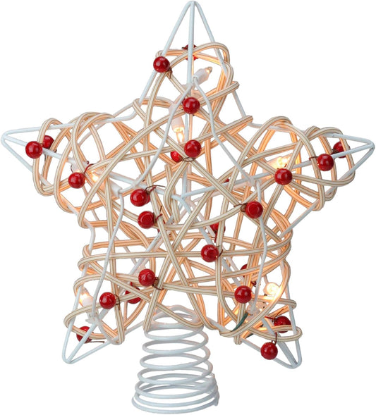 Lighted Birch Holly Berry Rattan Star Christmas Tree Topper - 11 Inch UL4295