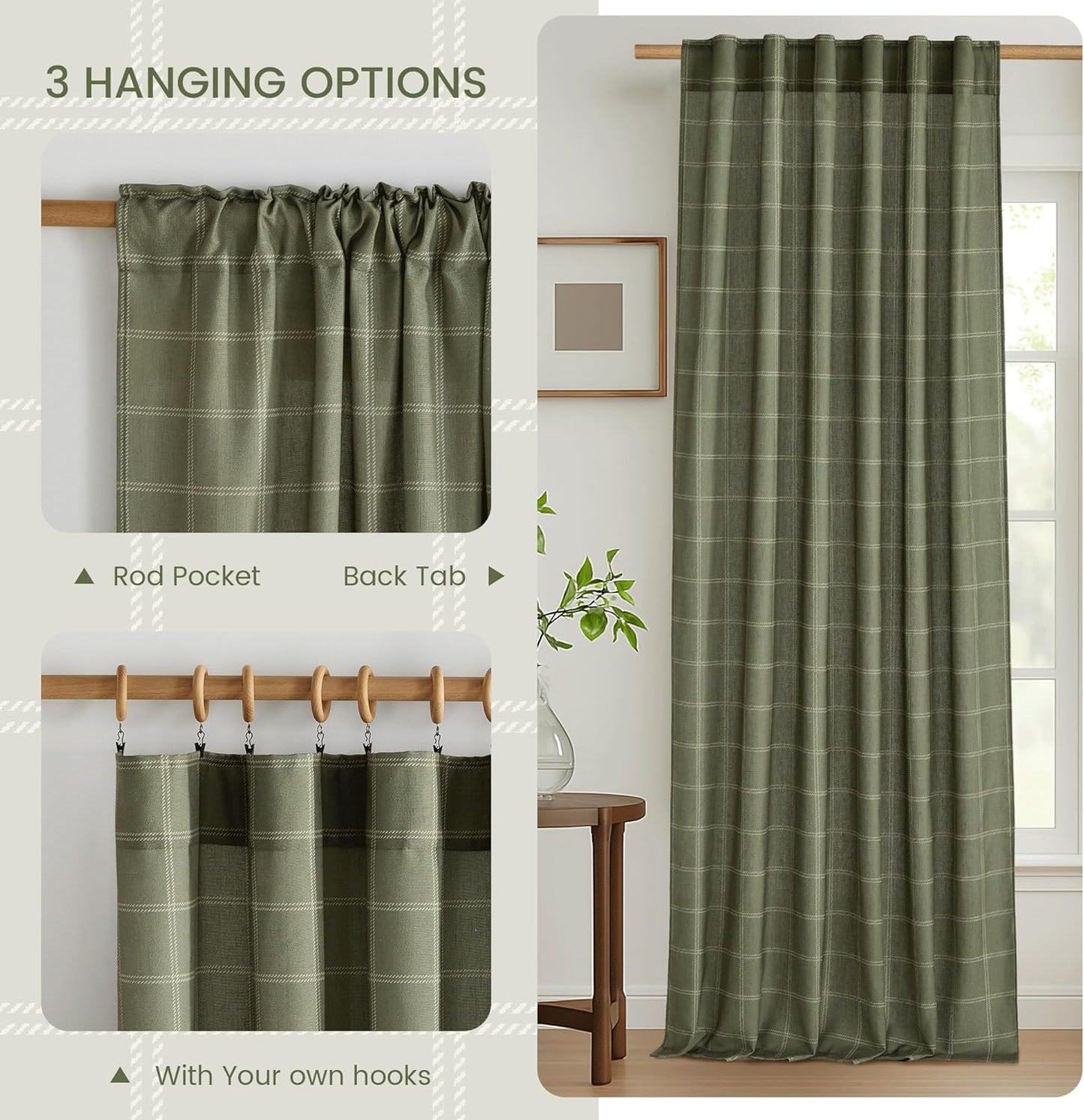 NICETOWN Linen Plaid Curtains - Modern Moss Green Check Window Panels | Light Filtering, 52" x 84" (2 Panels)