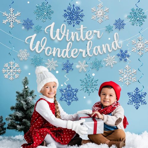 **Winter Wonderland Decorations | Blue Glitter Banner & Snowflake Ornaments for Festive Indoor Decor**