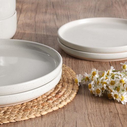 HaWare Stoneware Dinnerware Sets, 12-Piece Plates and Bowls Set for 4, Dishes Set for Home Restaurant, Speckled Milky White