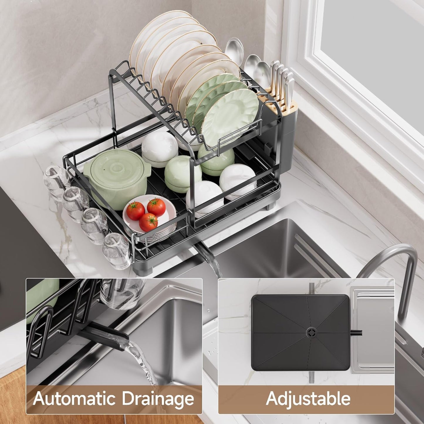 Runnatal 2-Tier Dish Drying Rack - Large Capacity Anti-Rust Dish Drainer Set | Black Over The Sink Design