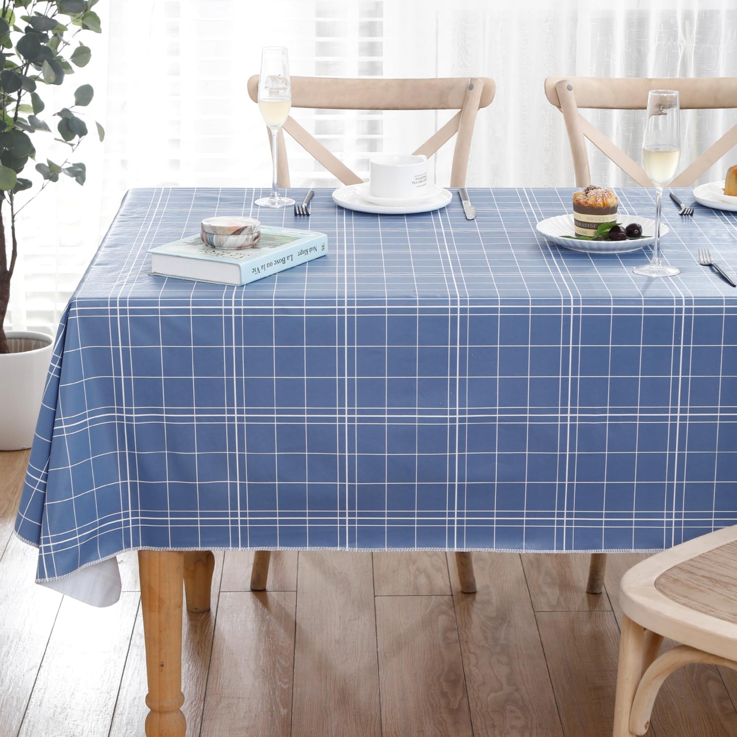 Walrus Heavy Duty Vinyl Tablecloth with Flannel Backing Waterproof Oil-Proof Plastic Table Cloth Stain-Resistant Wipeable Rectangle or Square Table Cover for Indoor and Outdoor (Blue Grid,52x70 Inch)