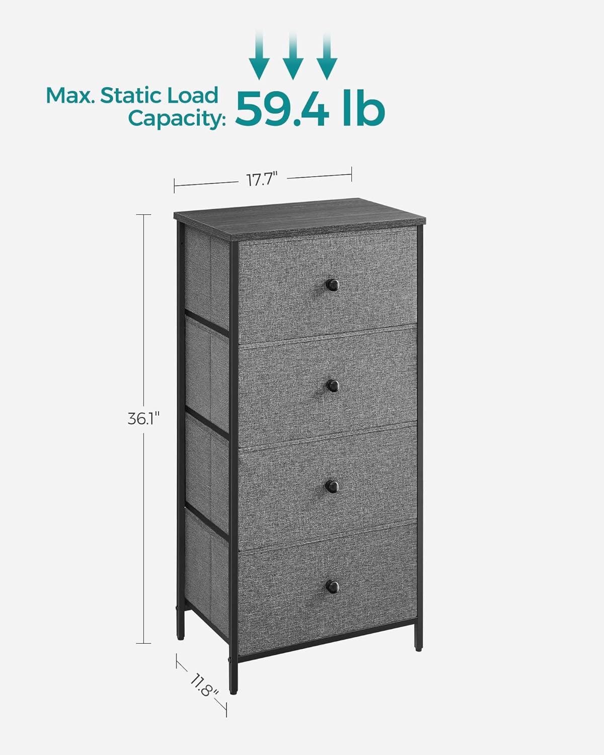 SONGMICS Fabric Dresser - 4 Drawer Chest with Metal Frame | Stylish Gray & Black Design for Bedroom