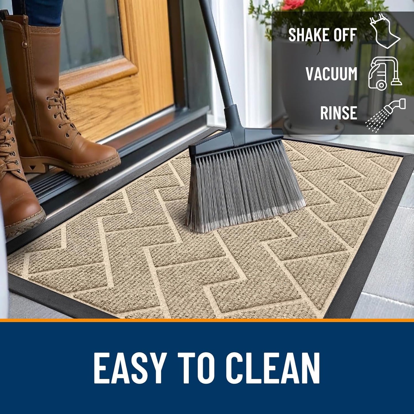 OLANLY Waterproof Front Door Mat - All-Season Herringbone Design | Easy Clean Natural Rubber, 36x24 Beige