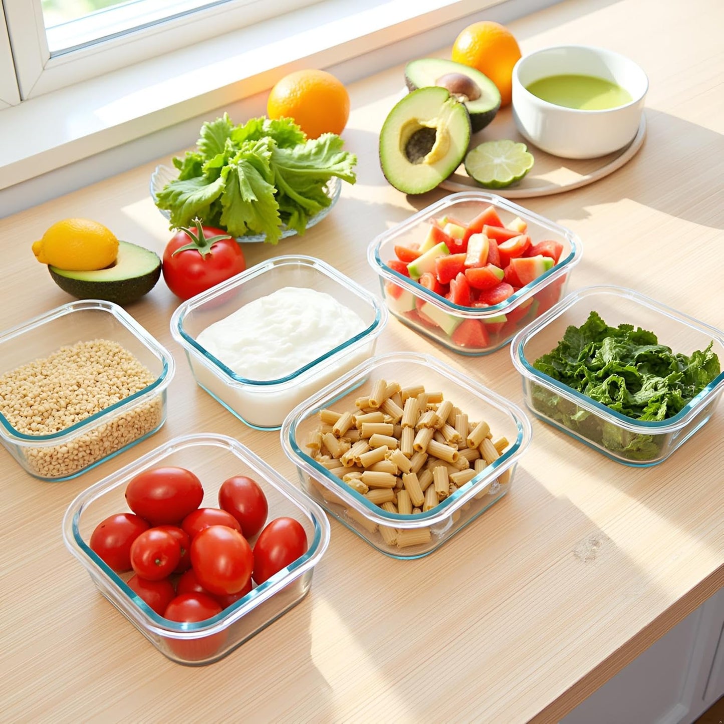 Skiennix 2-Cup Square Glass Food Storage Containers - Airtight, Leak-Proof, BPA-Free | Small 16oz Meal Prep Bowls