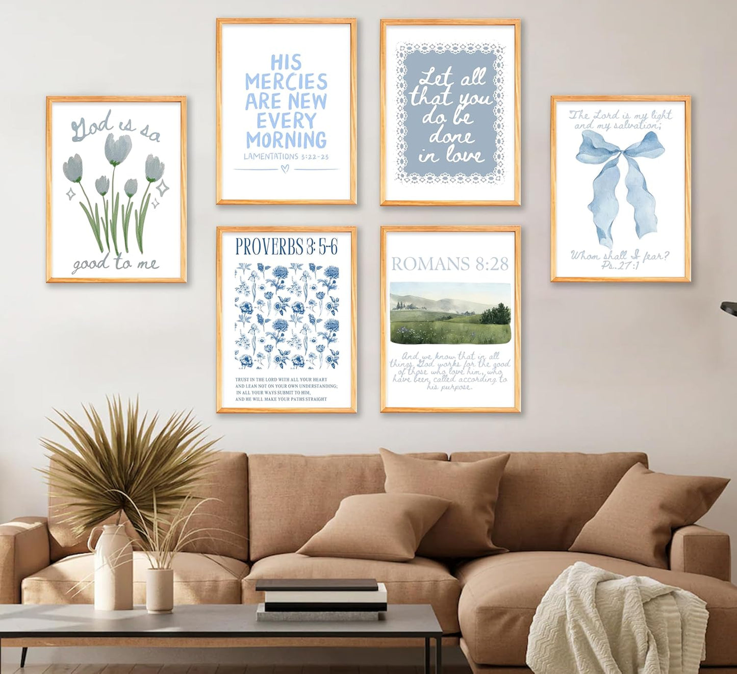 Skiennix Blue Christian Canvas Wall Art - Set of 6 Inspirational Bible Verse Prints for Girls' Room Decor
