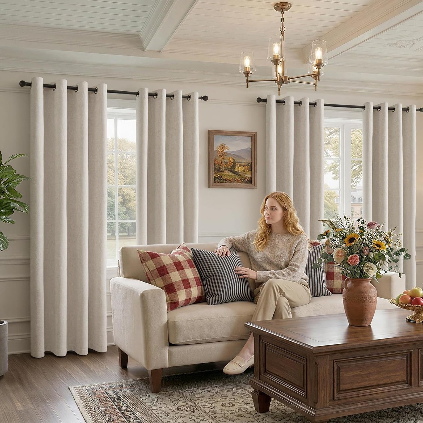Regine Switzerland 100% Blackout Curtains - Luxury Chenille Thermal Insulated Drapes | 84" Long, Beige, 2 Panels