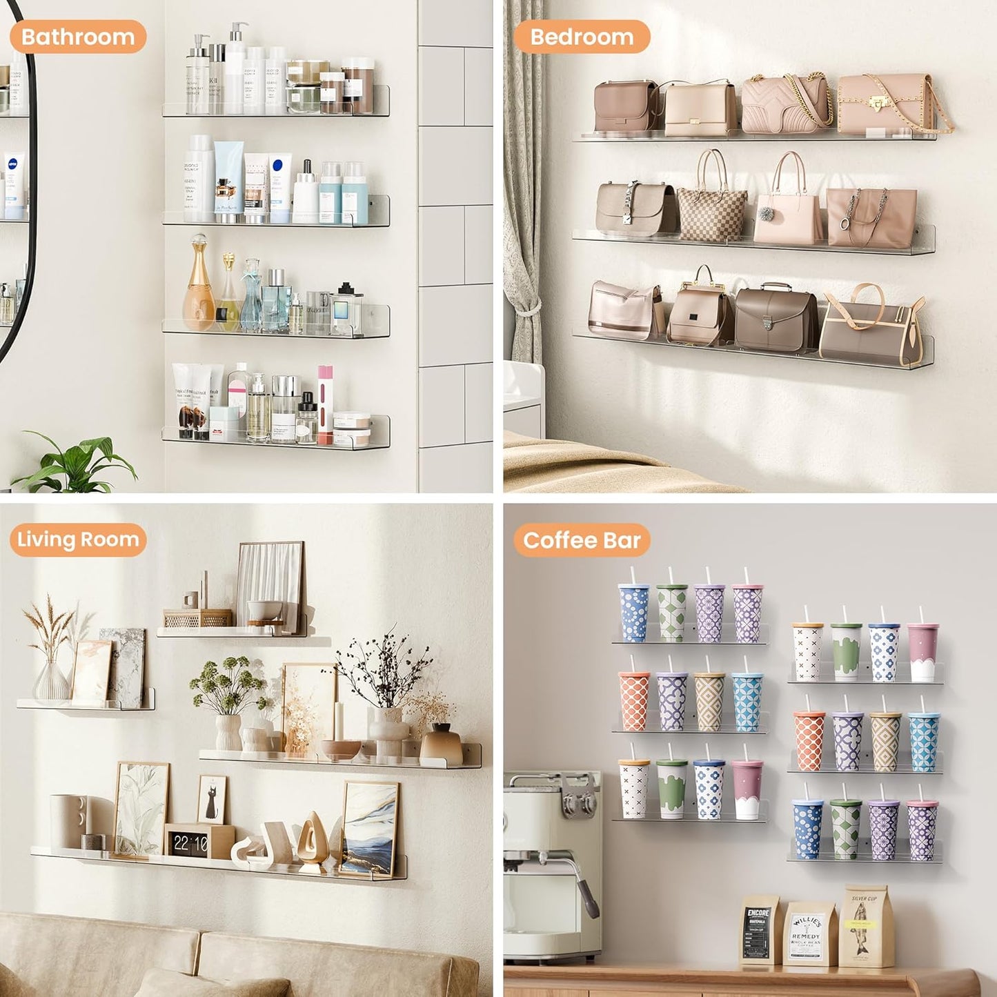 Upsimples 6 Pack Floating Acrylic Shelves - 15" x 4" Clear Wall Storage for Kids' Rooms & Home Decor