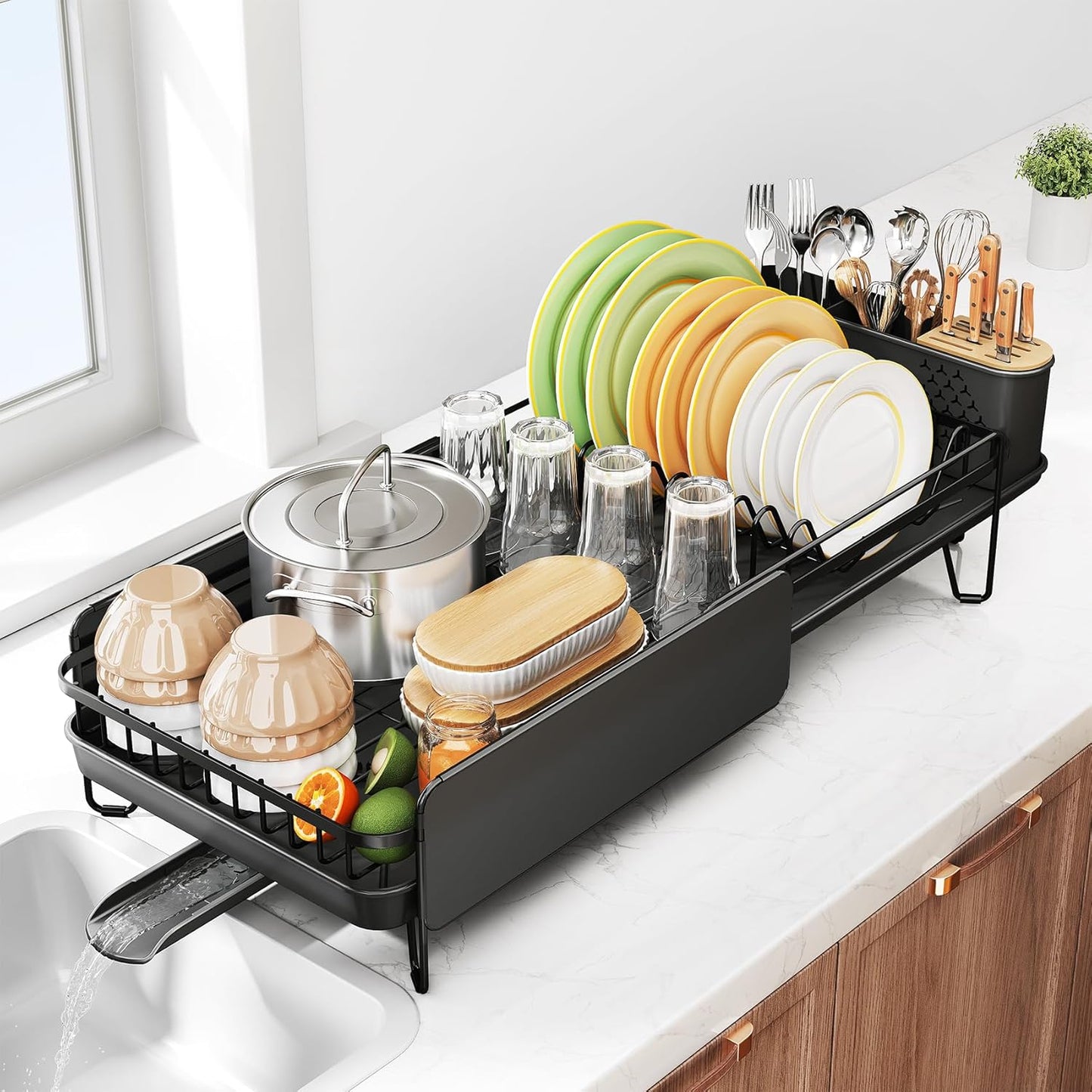 SNTD Dish Drying Rack - Expandable Stainless Steel Dish Drainer with Cutlery Holder | Large Black Design