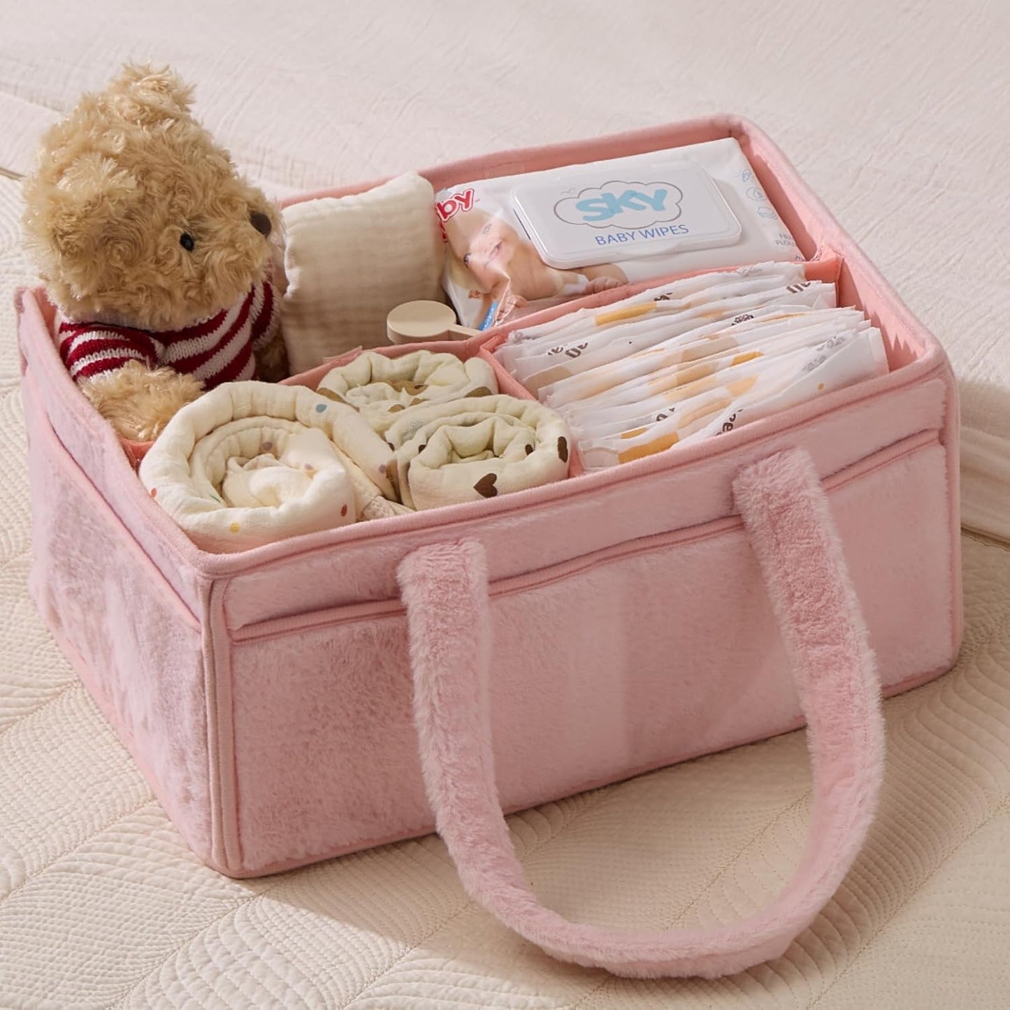 Skiennix Soft Baby Diaper Caddy Organizer - Portable Nursery Storage Basket with Removable Divider | Light Pink