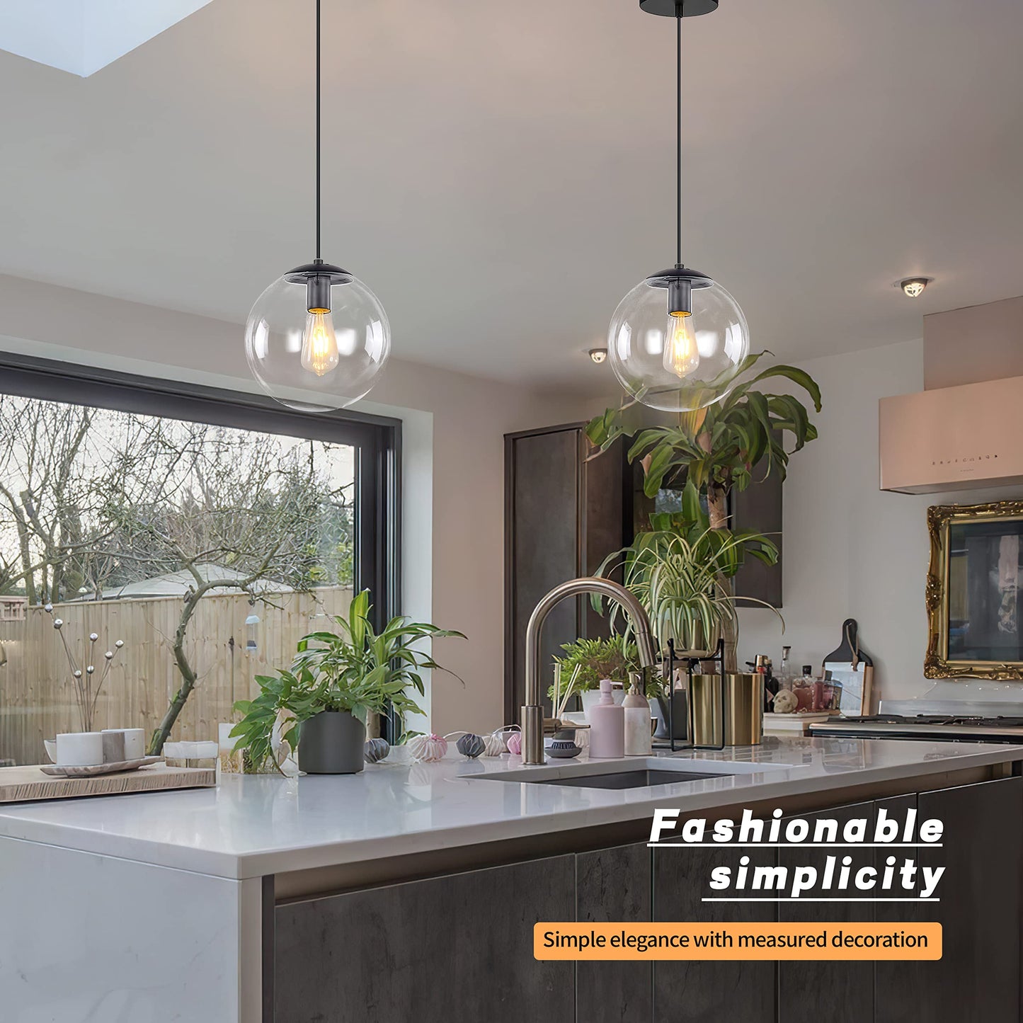 KoKo&Yukina 8 inch Globe Pendant Lighting for Kitchen Island Mid Century Modern Hanging Light Fixture with Clear Globe Glass Black Industrial Hanging Ceiling Lights for Bathroom Entryway (Bulb Incl.)