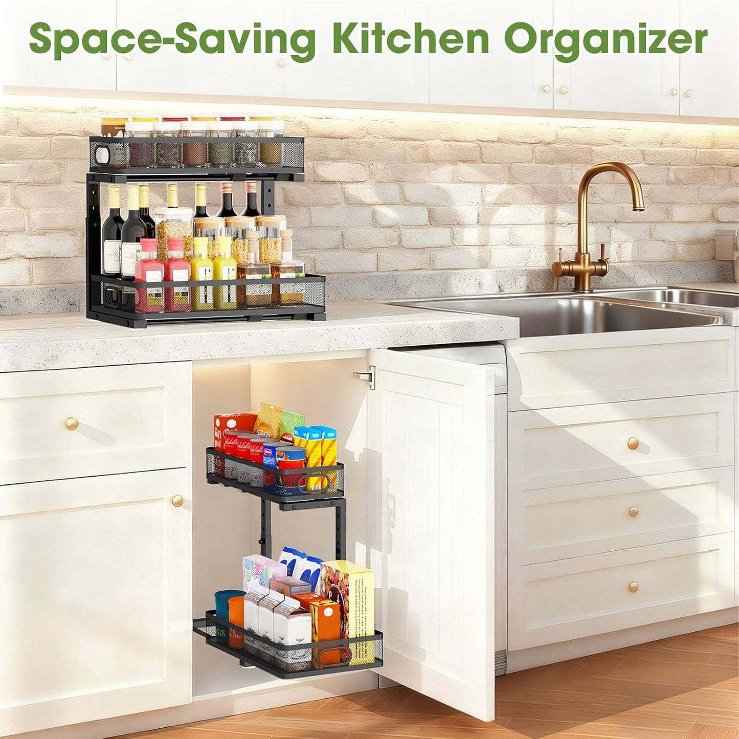 Under Sink Organizer by [Brand Name] - 2-Tier Metal Pull-Out Cabinet Shelf with Adjustable Height | Space-Saving Storage for Kitchen & Bathroom