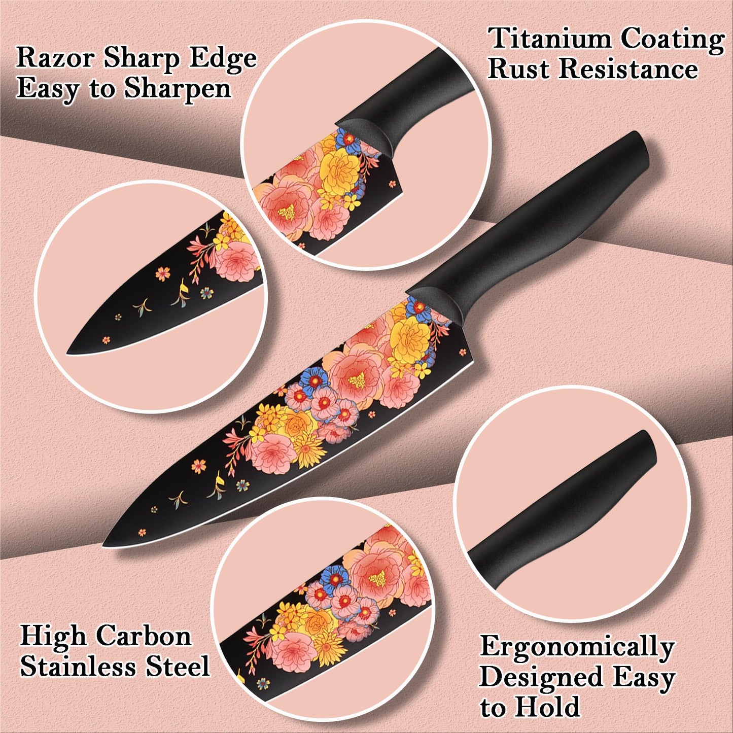Marco Almond Knife Set Artistic Designed Pattern Kitchen Knife 6 Stainless Steel Kitchen Knives w 6 Blade Guards,Dishwasher Safe Kitchen Knife Sets for Family Knives Set for Chefs