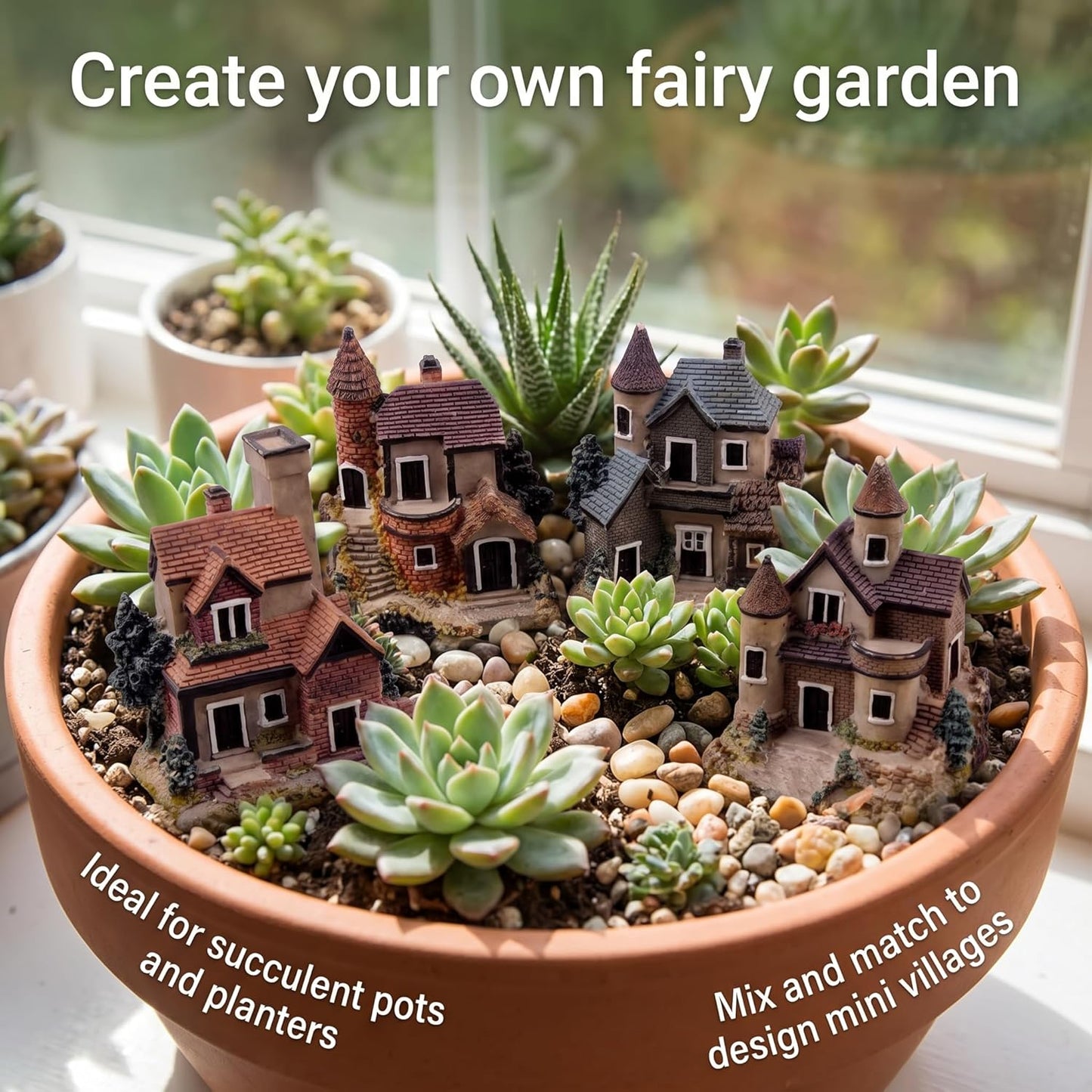 Skiennix Miniature House Fairy Garden Ornaments - 4PCS Resin Stone Village Decor for Terrariums