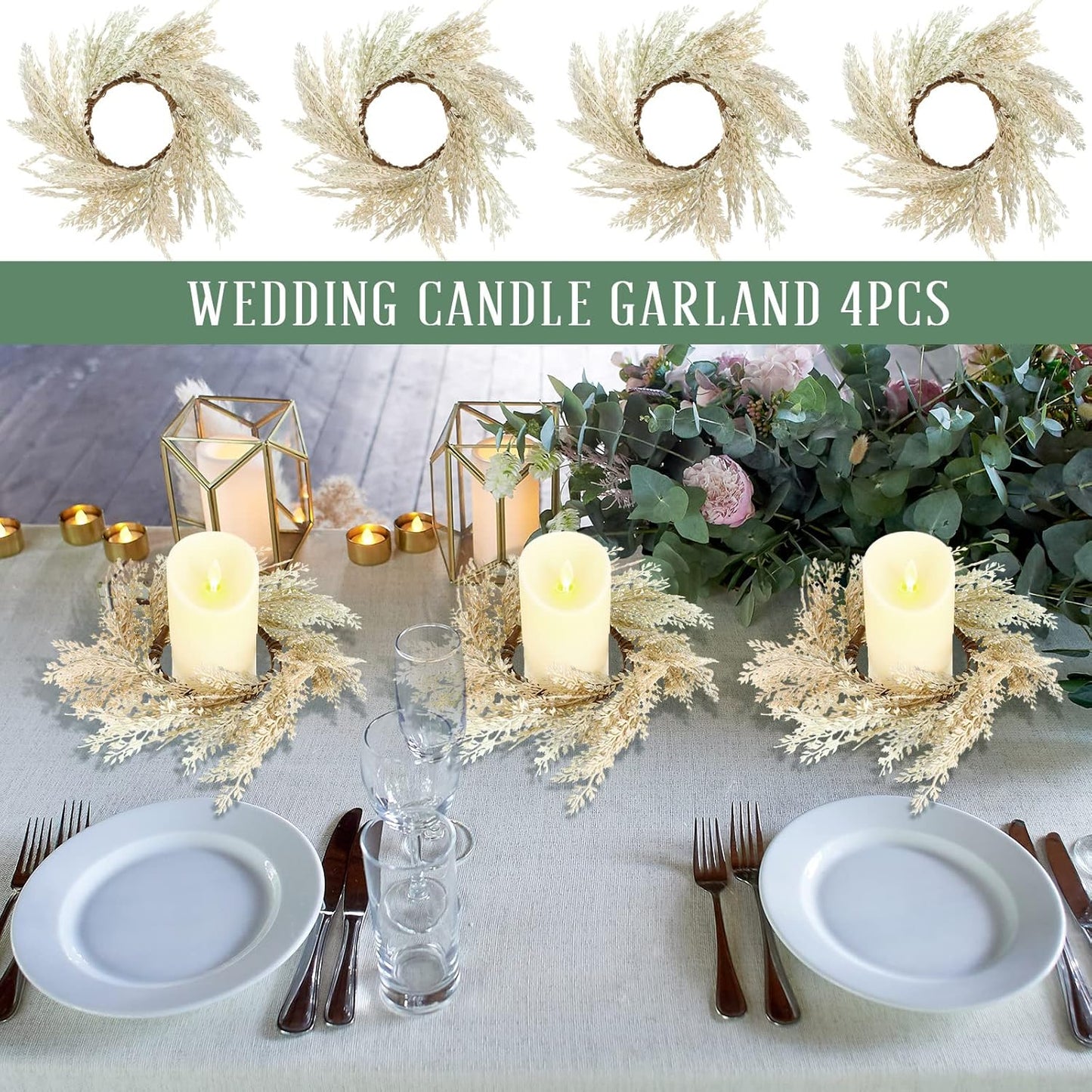 Panelee Pampas Grass Candle Rings - 4 Pcs Faux Greenery Wreaths for Boho Home Decor | 3.9 Inch