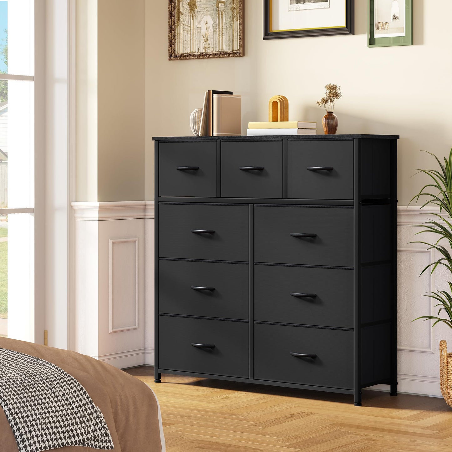 YITAHOME 9 Drawers Fabric Dresser, Dresser for Room, Black Chest of Drawers, Storage Tower Organizer Unit for Living Room, Closets - Sturdy Steel Frame, Wooden Top & Easy Pull Fabric Bins