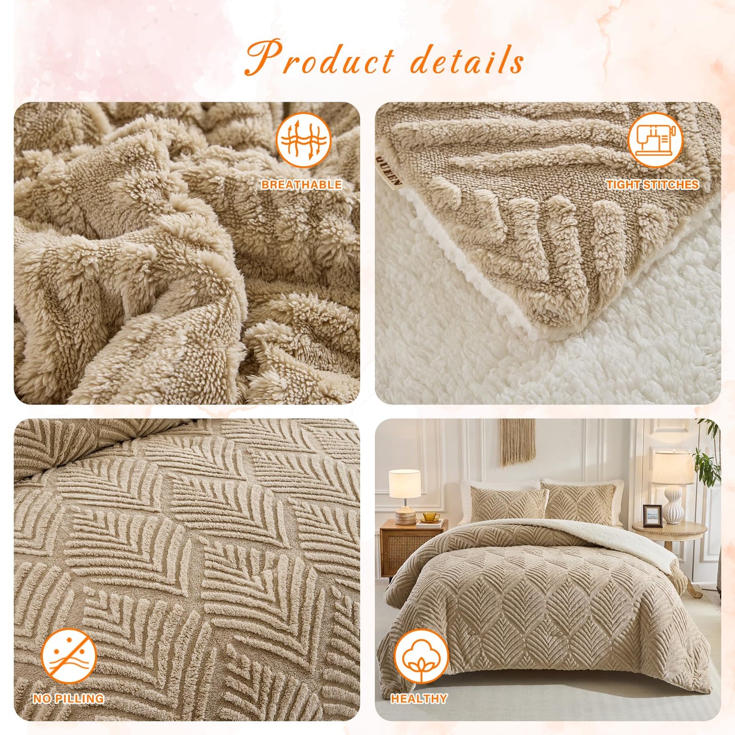 Tan Fluffy Sherpa Queen Size Blanket, Fuzzy Cozy Soft Faux Fur Bed Blanket with Pillowcases, Shaggy Velvet Thick Warm Plush Bedding for Winter (Tan, 88x88 inches + 2 Pillowcases)